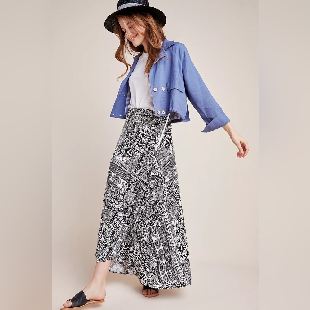 Anthropologie Maeve Issa Maxi Skirt Size Small Black White Paisley‎ Ruched Waist